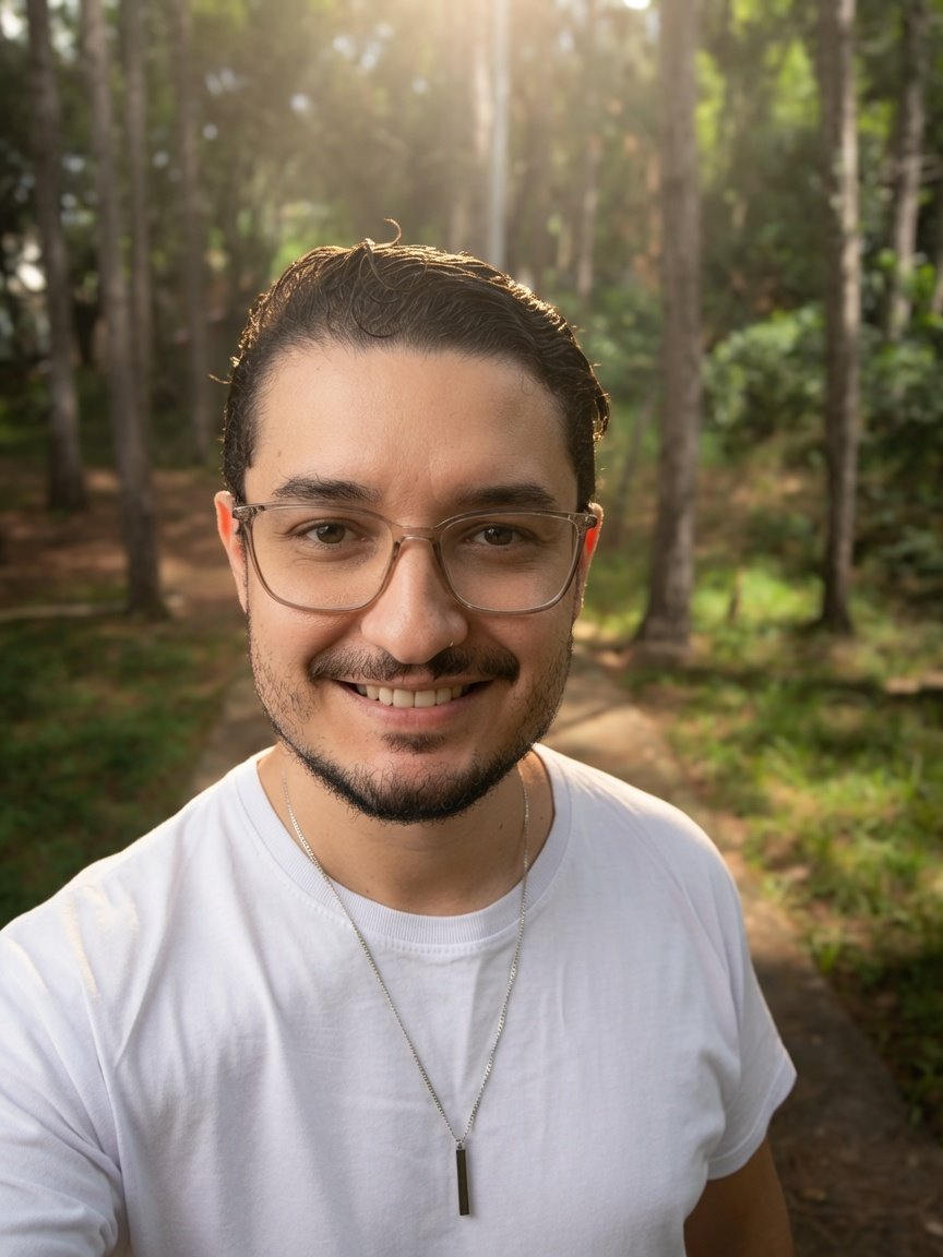 Charles Oliveira em uma trilha na mata, em um fim de tarde