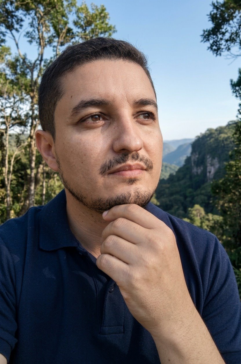 Charles Oliveira em silêncio, com a serra ao fundo